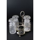 Set of Three 19th century Cut Glass Pickle / Preserve Jars on a Silver Plated Stand by Hukin and