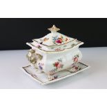 19th century Pearlware Sauce Tureen, Cover and Stand of Pagoda form, possibly Swansea, with hand