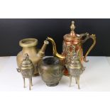 Five Items of Eastern Metal ware including Copper and Brass Coffee Pot, 28cms high, Brass Kendi,