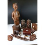 Collection of Ethnic Carved Wooden Figures, Face Plaques, Book Ends, etc together with a Leather
