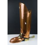 Copper and Brass Stick Stand in the form of a Postillon's Boot wearing a Brass and Leather Spur with