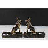 Pair of Art Deco Marble Bookends, each surmounted by a Spelter Alsatian, 15cms high