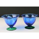 Pair of Erika Lagerbielke (1960 - ) for Orrefors Blue and Green Glass ' Louise ' Pedestal Bowls,