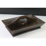 19th century Two Section Wooden Cutlery Tray, with pierced carved heart handle, 32cms long