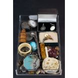 A box of mixed collectables to include a silver cased pocket watch, Chinese puzzle ball and a silver