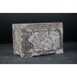 Chinese Purple Soapstone Lidded Box / Casket, carved with scenes of dragons and fish, 15cms wide x