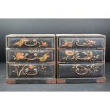 Pair of Japanese Black Lacquered Three Drawer Table Top Cabinets with chinoiserie decoration of