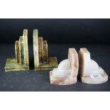 Pair of marble stone Art Deco bookends, together with a similar in alabaster, carved in the form