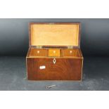 Early 19th century Mahogany and Boxwood strung Square Tea Caddy, the hinged lid opening to three