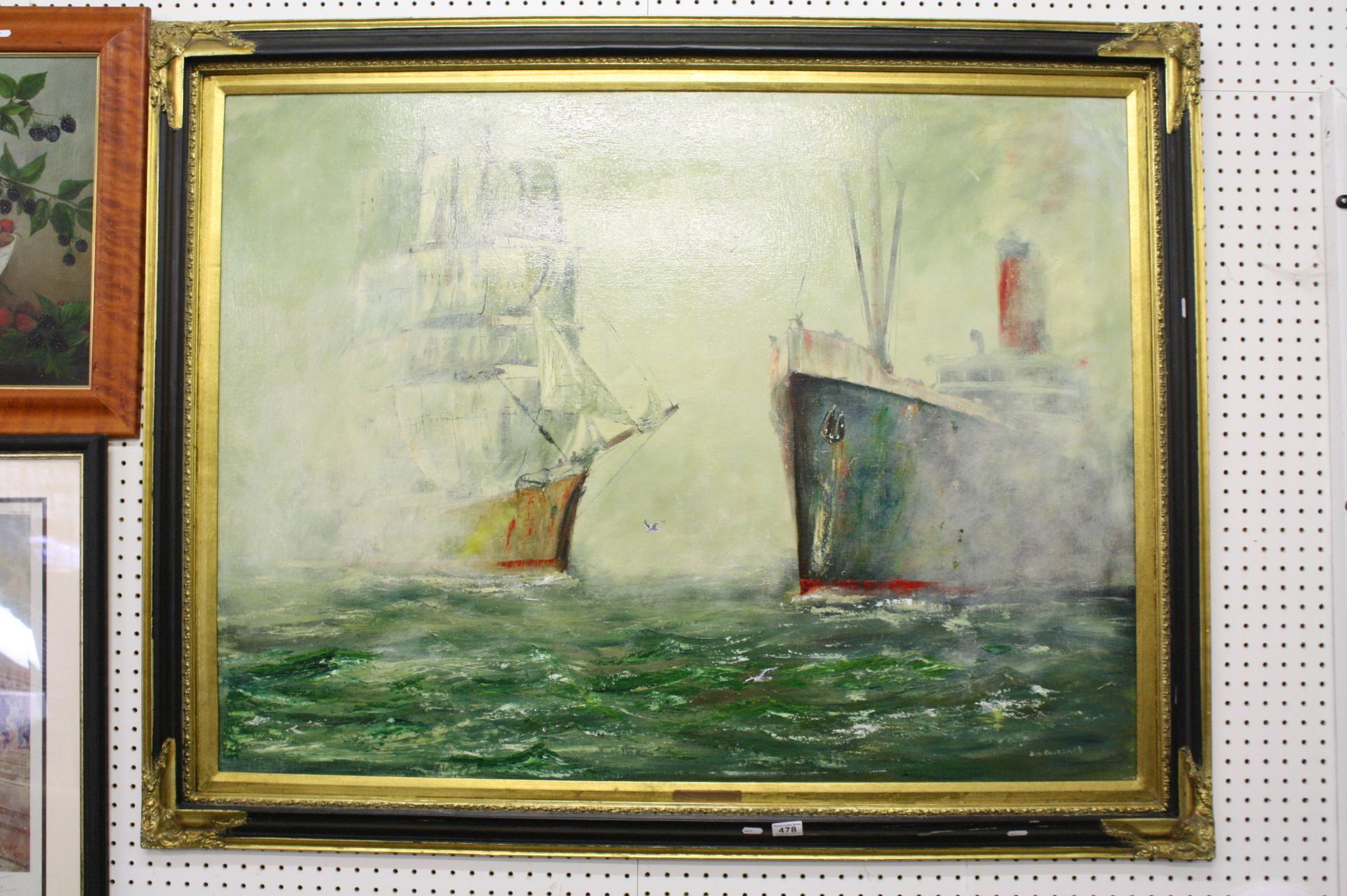 Don Blizzard, Large Oil Painting on Board of a Sailing Ship and an Ocean Liner about to collide with