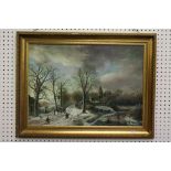 Oil Painting on Canvas depicting a Rural Winter Scene with figure and a horse and cart beside a