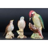 Three Beswick Birds including Woodpecker 1219, Kestrel 2316 and Song Thrush 2308