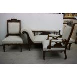 Edwardian Chaise Lounge together with a Pair of Edwardian Salon Chairs, all upholstered in