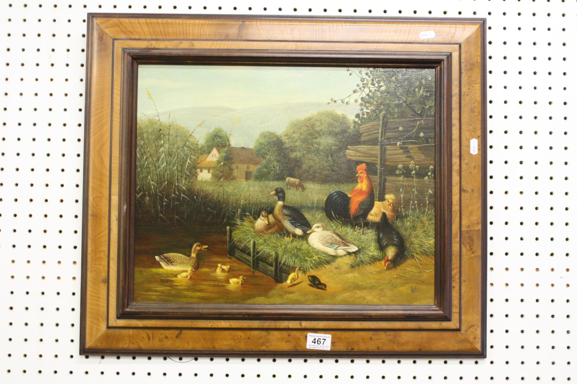 Dutch style Oil Painting on Canvas depicting Poultry at the waters edge, monogrammed signature