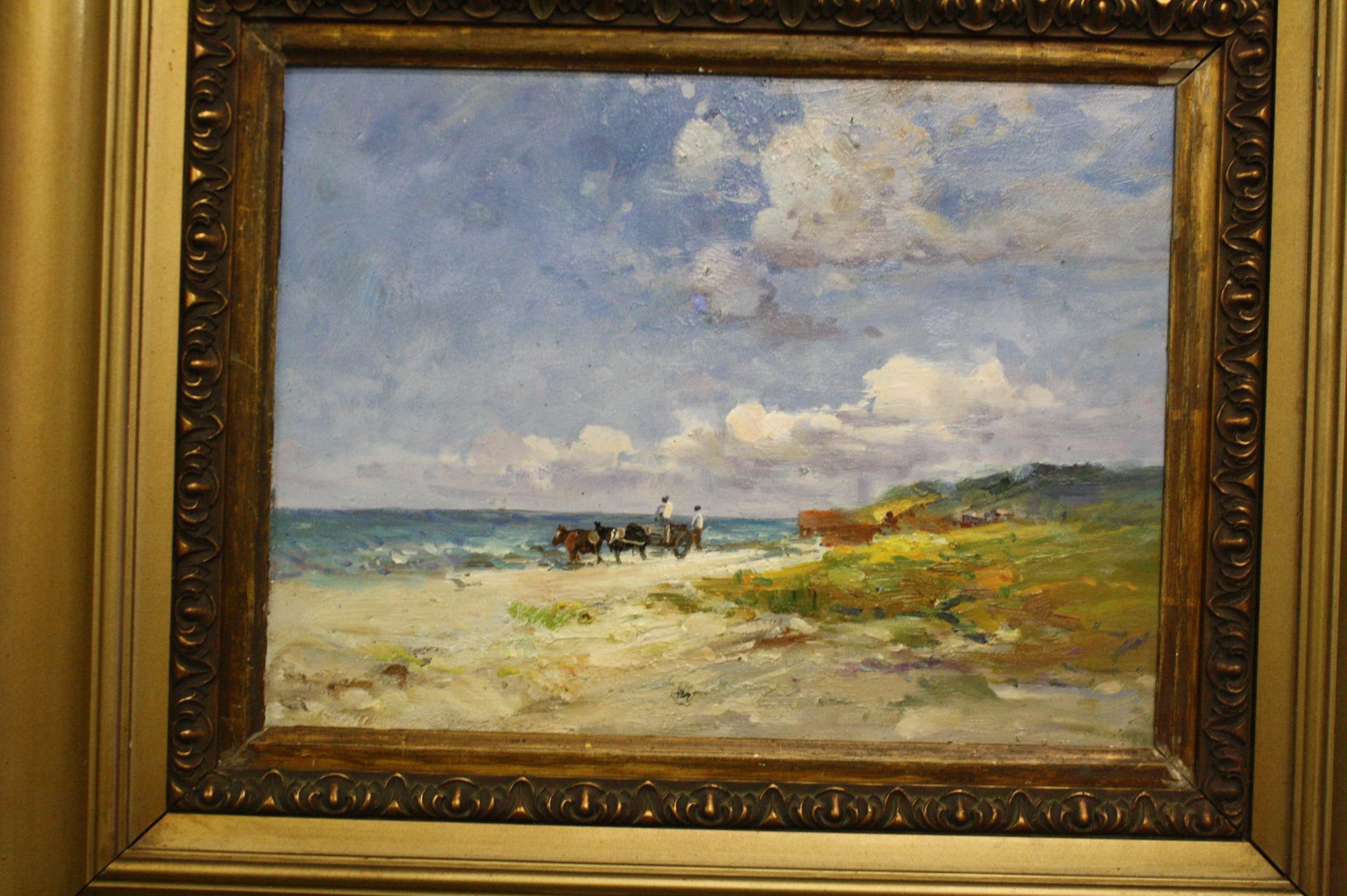 Oils on board, an extensive beach scene with seaweed gatherers, horses & cart on shoreline - Image 2 of 4