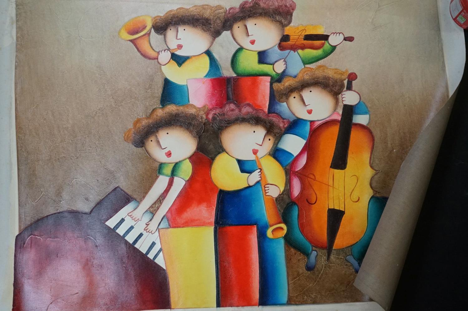 Joyce Roybal, two unframed Oil Paintings on Canvas both depicting Musicians, 52cms x 63cms - Image 8 of 20