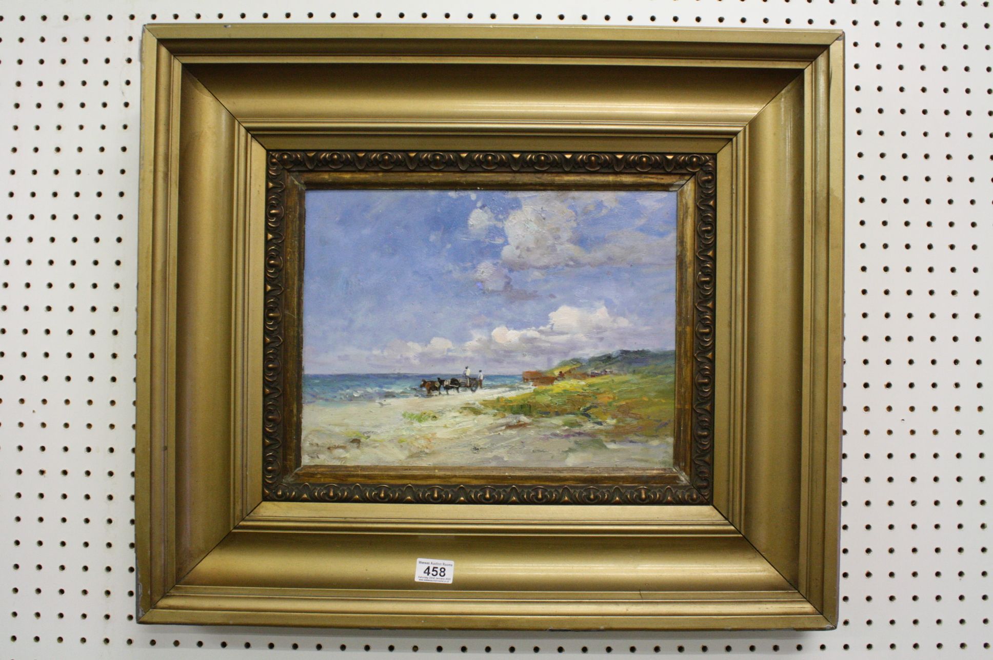 Oils on board, an extensive beach scene with seaweed gatherers, horses & cart on shoreline