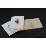 Early 20th century album containing pencil drawing World War 1 tank and similar aeroplane,