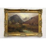 Oil Painting on Canvas of a Highland Scene with cottages and a river, signed indistinctly bottom