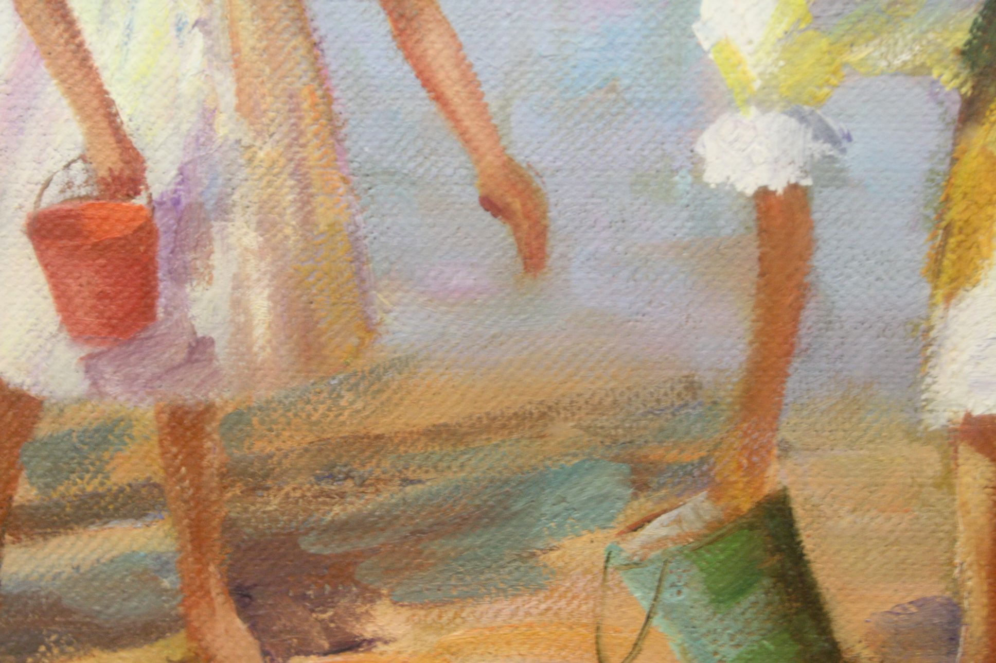 Framed Impressionist beach scene with children at play - Image 4 of 4