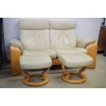 Ekornes ' Stressless ' Two Seater Reclining Sofa with cream / white leather upholstery, 169cms