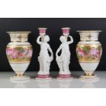 Pair of 19th century Porcelain Baluster Vases decorated with a band of pink flowers on a gold