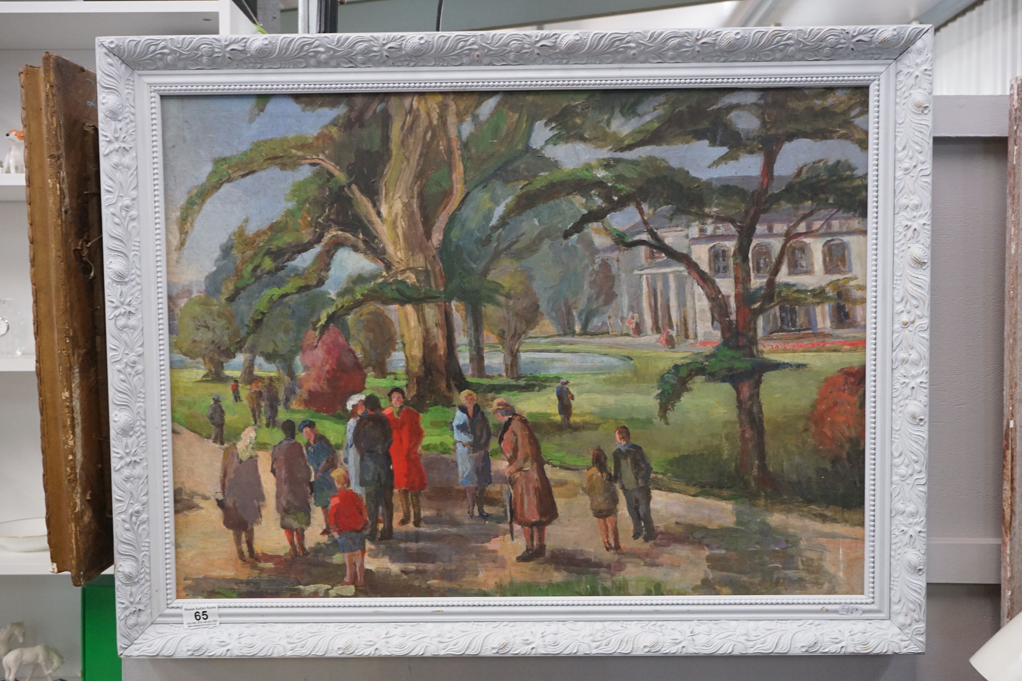 Mid 20th century oil on board, figures in a parkland setting, approx. 55cm x 76cm