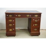 Small 19th century Mahogany Twin Pedestal Desk with blue inset writing surface over an arrangement