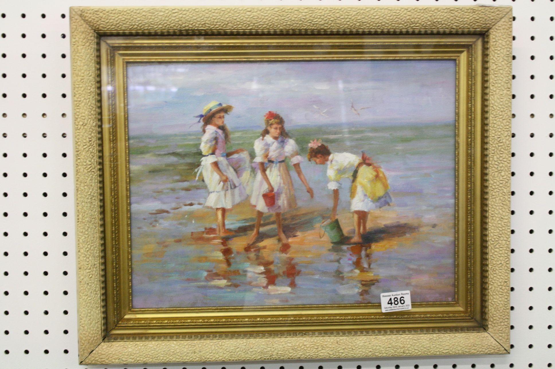 Framed Impressionist beach scene with children at play