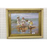 Framed Impressionist beach scene with children at play