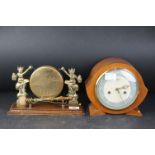 Vintage brass gong on wooden base, together with a 1950s Smiths Enfield mantel clock