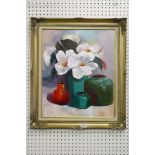 Swept gilt framed oil painting, still life study of flowers & ceramic vases