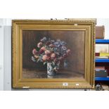 Oil Painting on Canvas of Still Life Flowers in a Vase, 50cms x 39cms, gilt framed