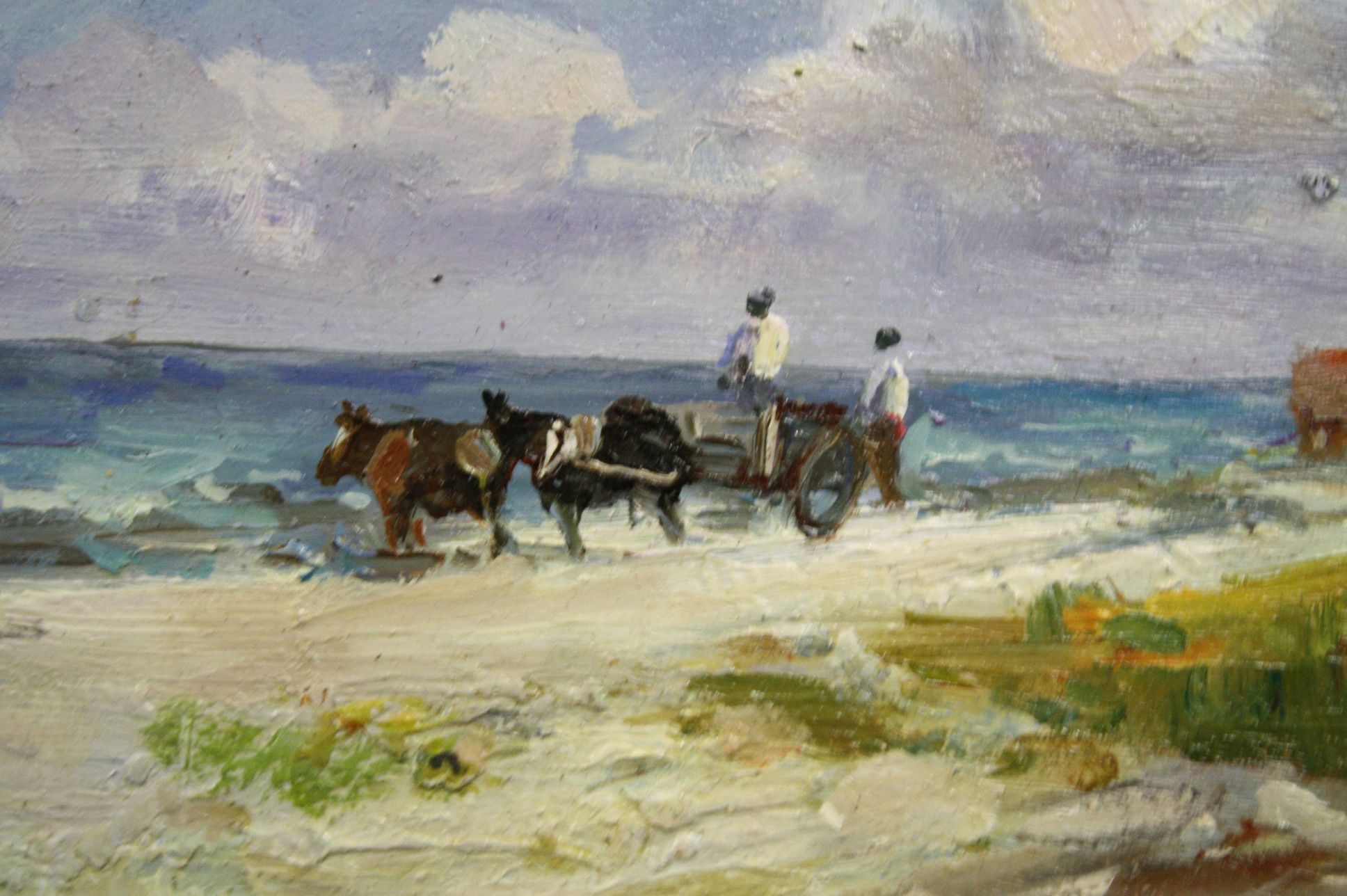 Oils on board, an extensive beach scene with seaweed gatherers, horses & cart on shoreline - Image 3 of 4