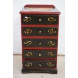 Wooden Chest of Five Short Drawers painted in black and red with a sailing ship design to the top,