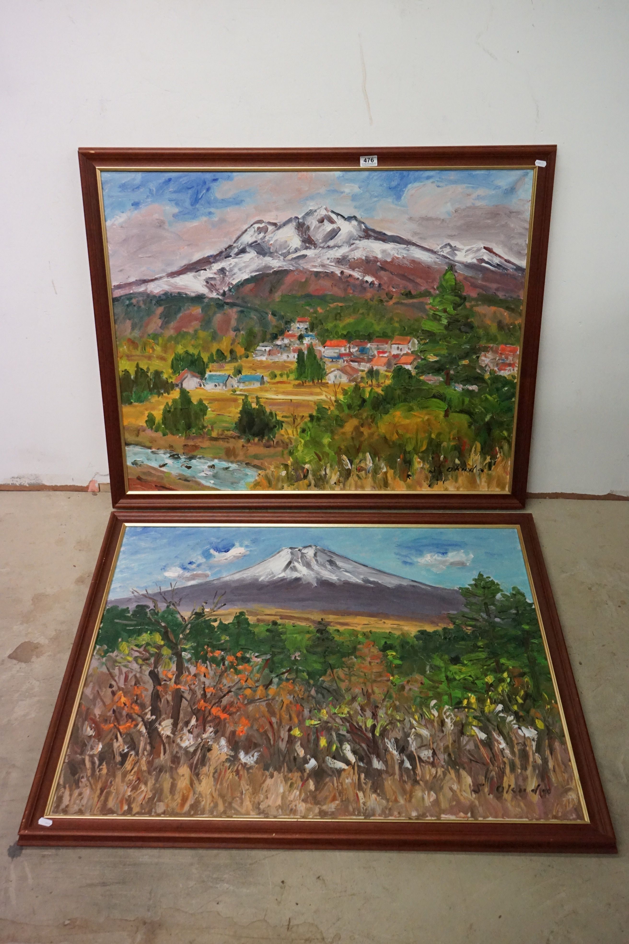 Pair of Large Japanese Landscape Oil Paintings on Canvas signed S Okuda with Japanese text to verso,