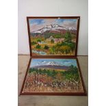 Pair of Large Japanese Landscape Oil Paintings on Canvas signed S Okuda with Japanese text to verso,