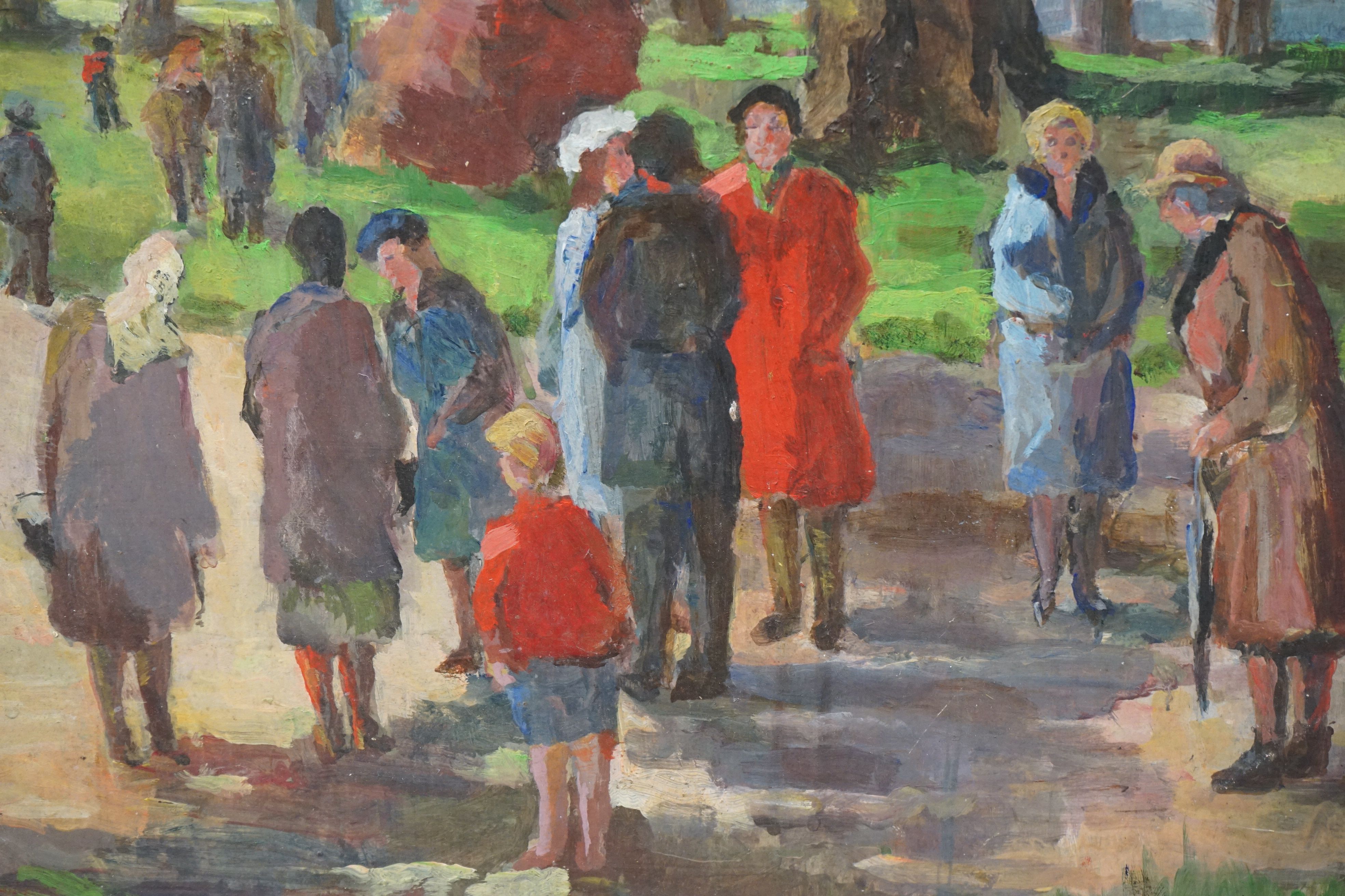 Mid 20th century oil on board, figures in a parkland setting, approx. 55cm x 76cm - Image 3 of 6