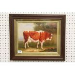Oak framed oil painting of an Ayrshire breed cow in a meadow