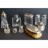 Quantity of dressing table items with silver tops & a boxed silver backed gentleman's hair brush