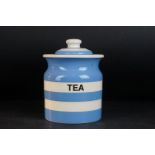T G Green Cornishware Blue and White Lidded Tea Storage Jar / Cannister, 18cms high