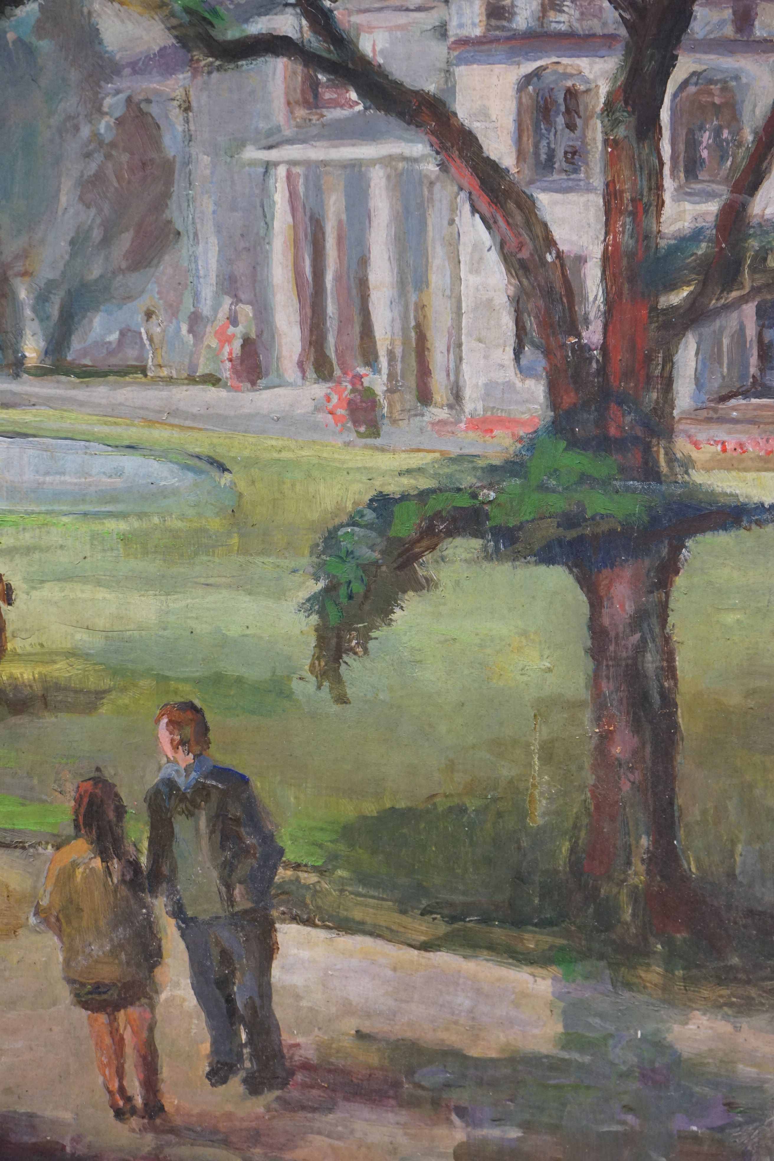 Mid 20th century oil on board, figures in a parkland setting, approx. 55cm x 76cm - Image 4 of 6