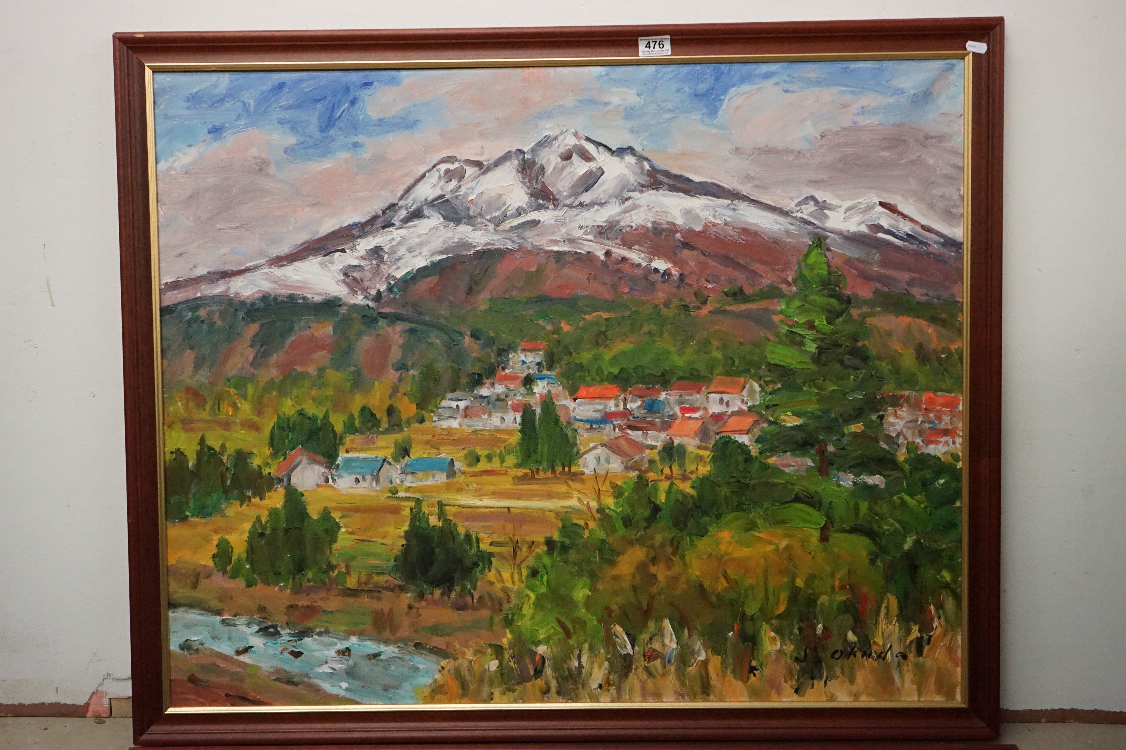 Pair of Large Japanese Landscape Oil Paintings on Canvas signed S Okuda with Japanese text to verso, - Image 2 of 17