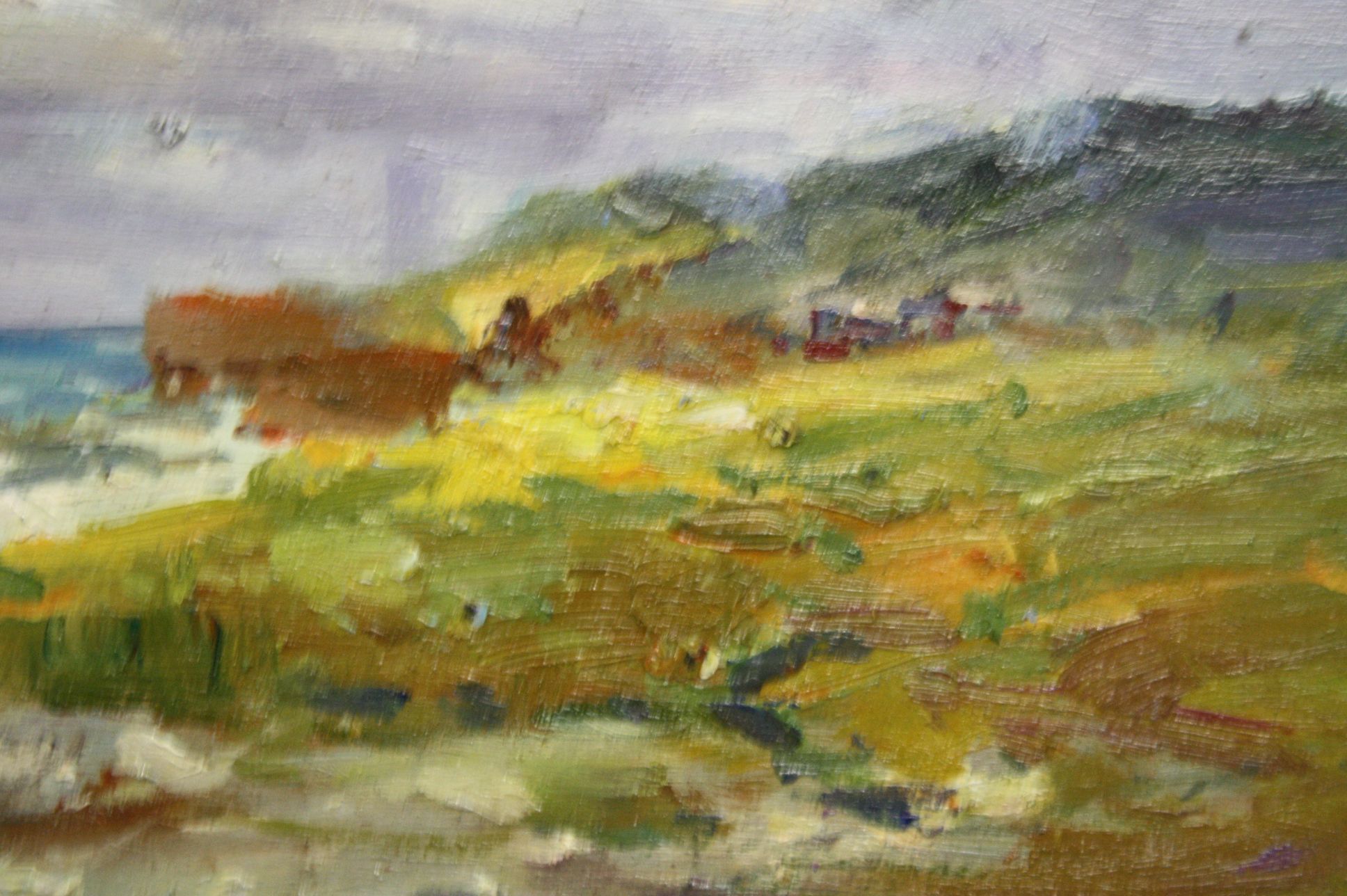 Oils on board, an extensive beach scene with seaweed gatherers, horses & cart on shoreline - Image 4 of 4