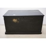 19th century Black Painted Pine Blanket Box with iron handles, 84cms wide x 46cms high