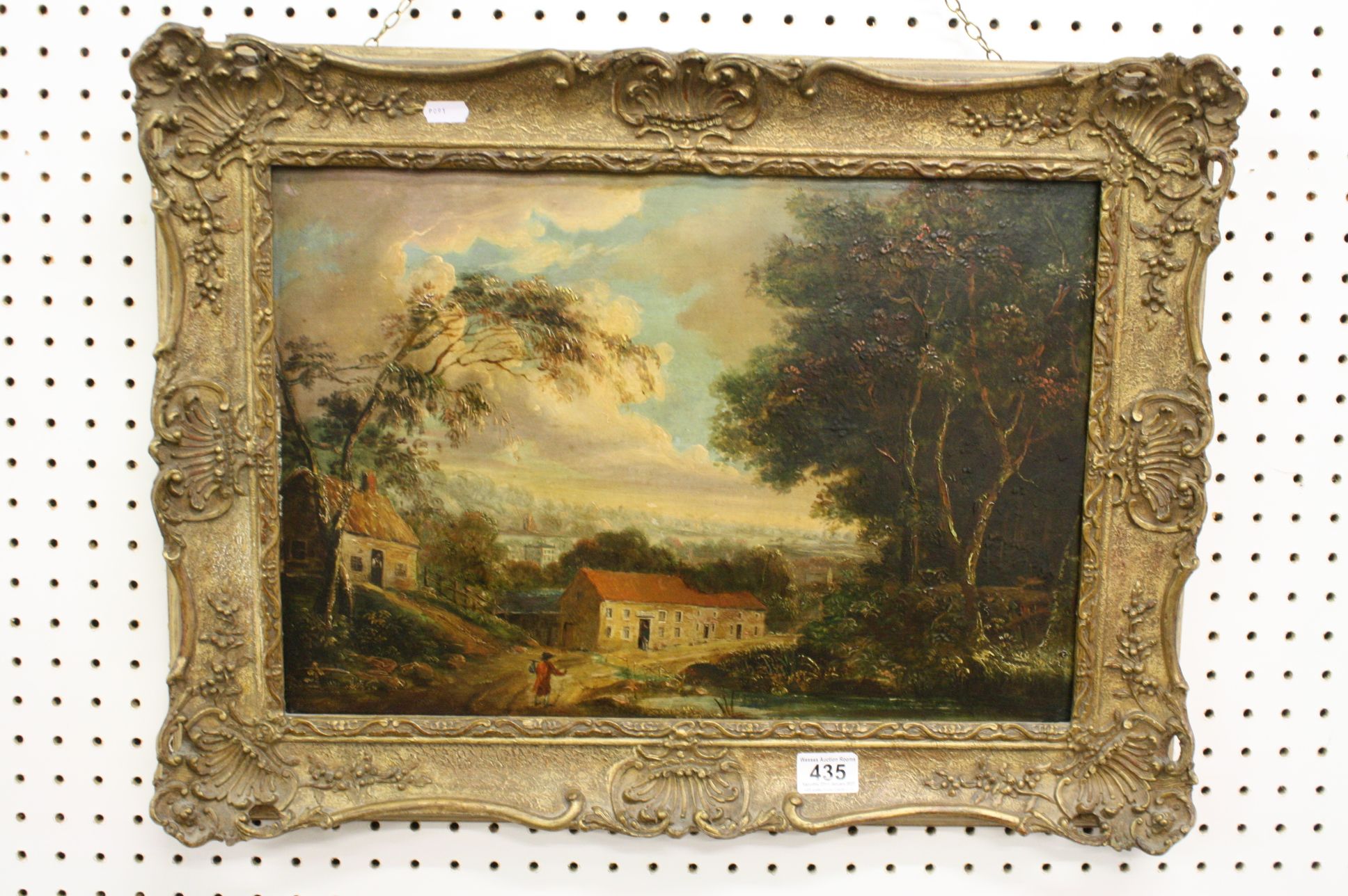 19th century Oil Painting on Board of a Country Scene and a traveller walking with a stick and