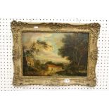 19th century Oil Painting on Board of a Country Scene and a traveller walking with a stick and