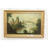 Mid 19th century Oil Painting on Canvas of a Lake Scene titled ' Monastery Ruins ' with figure