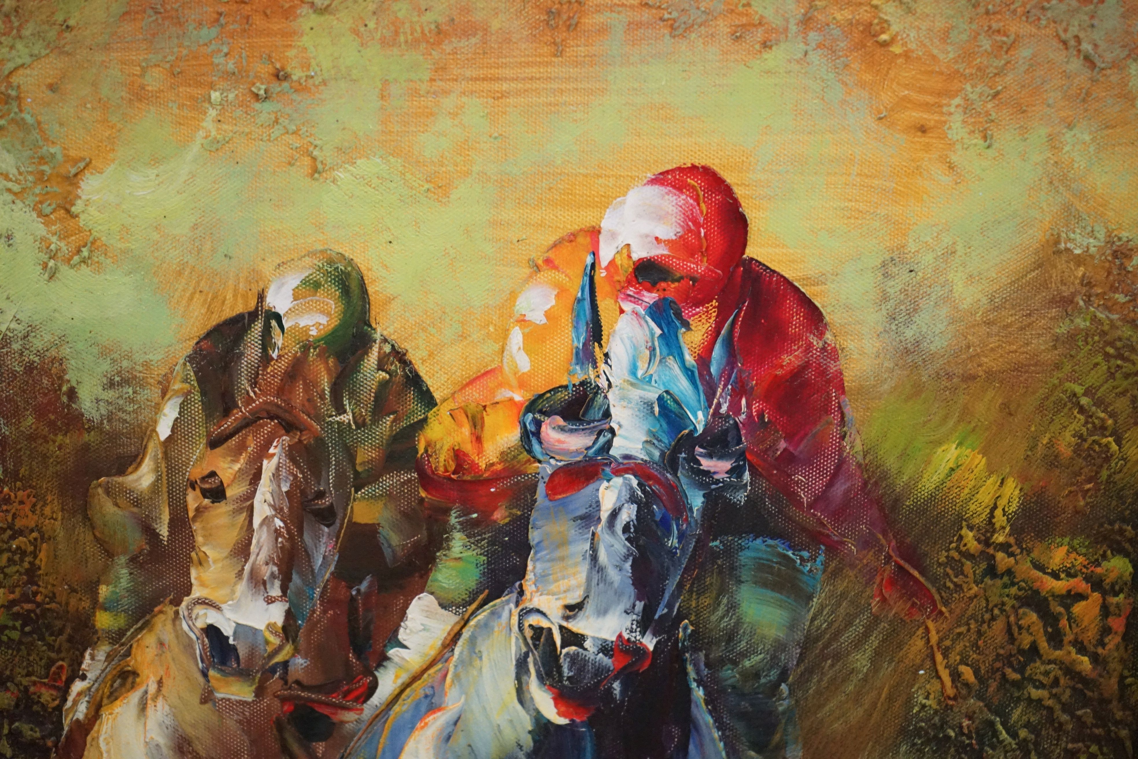 Contemporary Oil Painting on Canvas of Racing Horses and Jockeys, signed, 60cms x 50cms, framed - Image 3 of 5