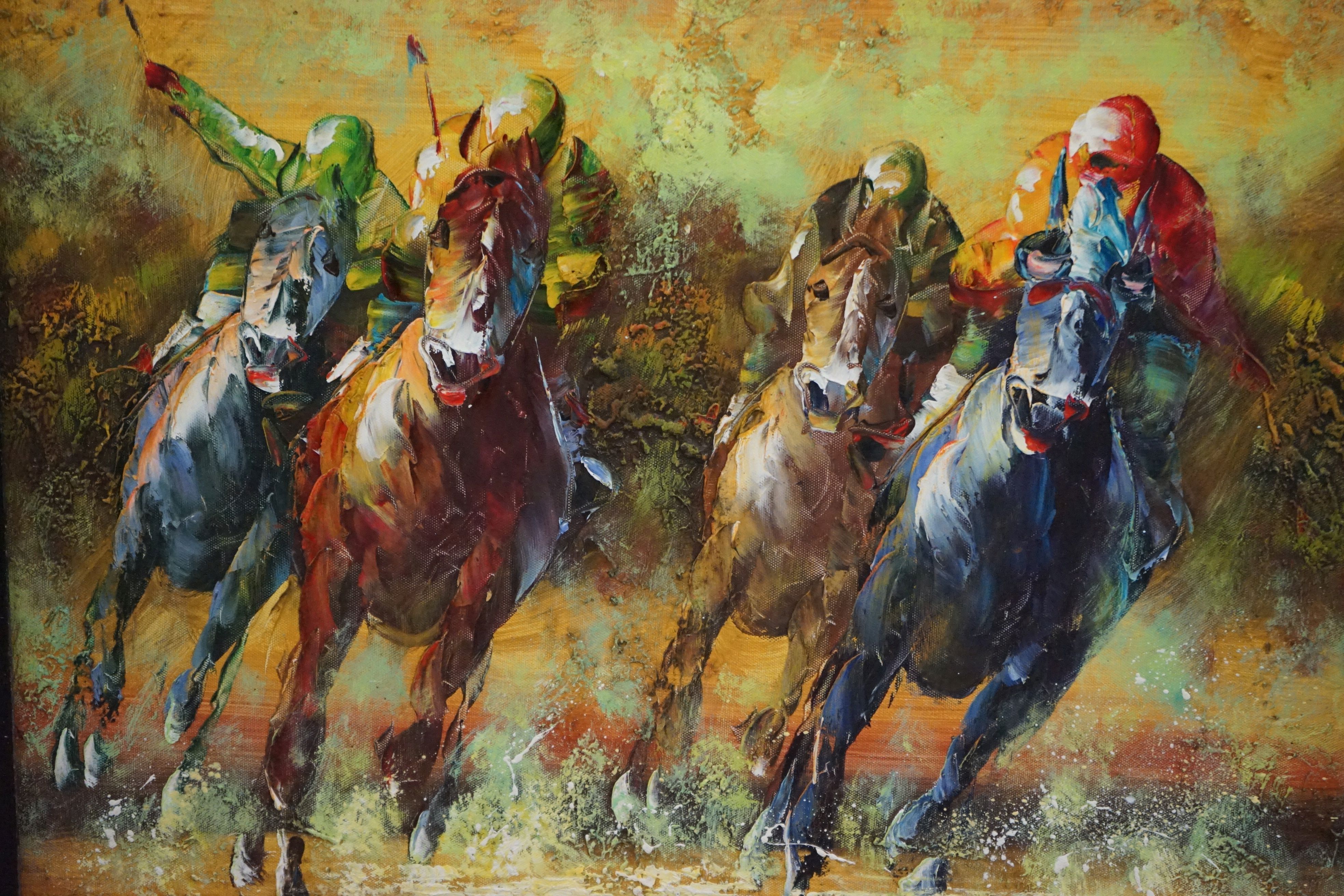 Contemporary Oil Painting on Canvas of Racing Horses and Jockeys, signed, 60cms x 50cms, framed - Image 2 of 5